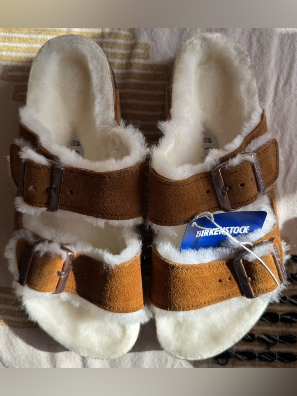 Birkenstock Women’s Brown Suede Shearling-Lined Double Strap Slides